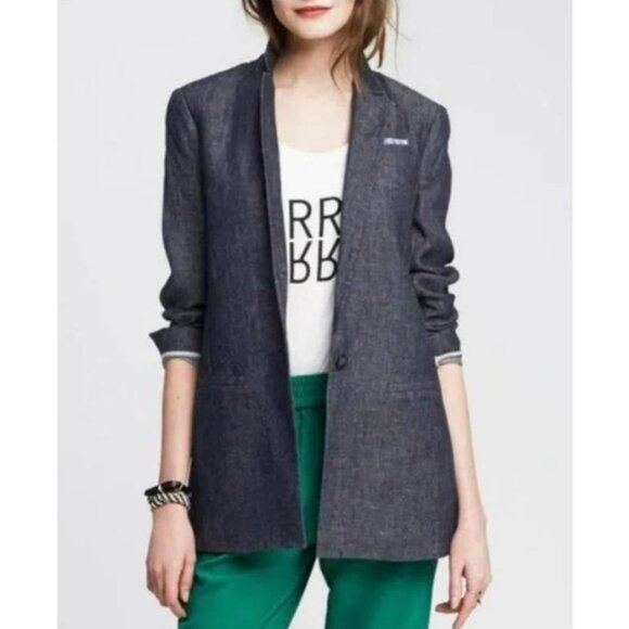 EUC Women's BANANA REPBULIC One-Button Linen Blazer Chambray | Size 14 - Picture 1 of 10